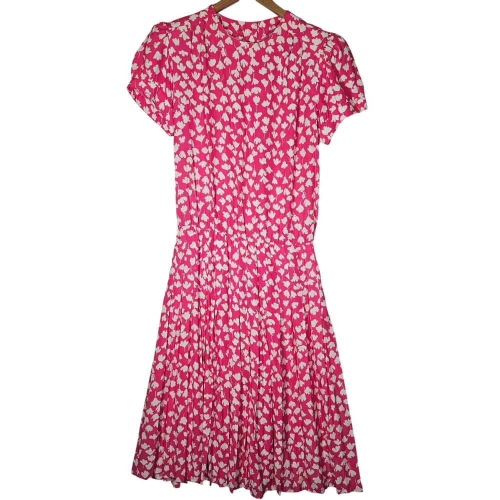 Vintage Petites For Maggy Pink White Floral Midi Dress Size 12P 80s 90s Rayon